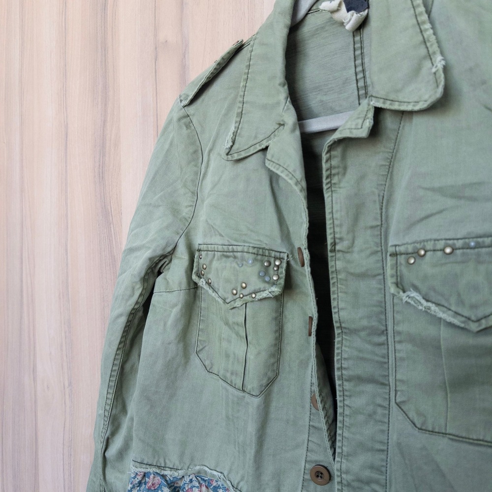 We The Free Military Jacket Small Green Floral‎ Ruffle Studded Utility Boho - Picture 5 of 8
